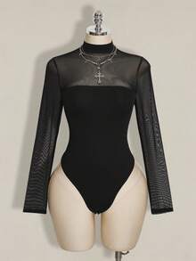 SHEIN ICON Combinaison grande taille en maille noire unie à manches longues, Top transparent avec col montant et manches classiques, combinaison femme style Y2K - Noir - Voir 2