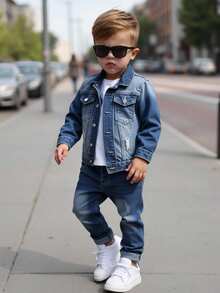 SHEIN Playful Pals 2 件套年轻男孩牛仔裤套装，秋冬新品，中蓝色牛仔布，休闲学院风，破洞设计，修身剪裁，牛仔夹克外套，弹性柔软的面料，舒适，适合日常穿着、上学、通勤