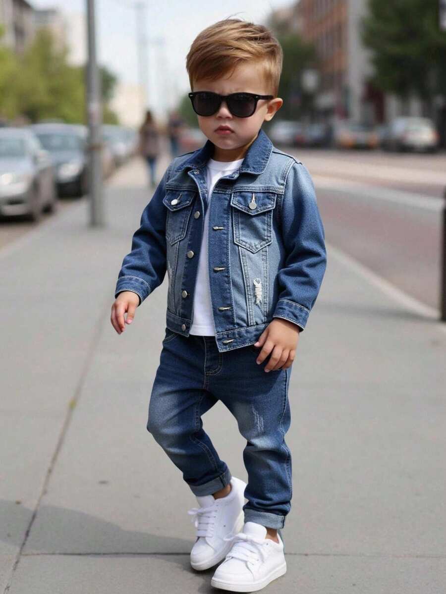 SHEIN Playful Pals 2 件套年轻男孩牛仔裤套装，秋冬新品，中蓝色牛仔布，休闲学院风，破洞设计，修身剪裁，牛仔夹克外套，弹性柔软的面料，舒适，适合日常穿着、上学、通勤