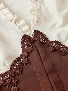 SHEIN MOD Women's Waist Cincher Colorblock Frill Trim Bell Sleeve Blouse - Brown - View 4