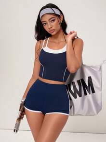 Hanevo Short d'été pour femme à rayures contrastées et coupe slim - Bleu marine - Voir 4
