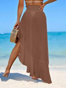 Swim Vcay Springbreak Women's Pleated Waist Lotus Edge Sheer Beach Maxi Dress With Slits For Summer Beach Vacation - Khaki - View 2