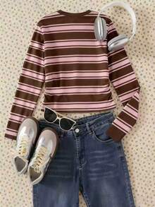 SHEIN Tween Girls Striped Slim Fit Long Sleeve T-Shirt, Suitable For Autumn/Winter, Layering Option, Fashionable Casual Wear, Graphic Design, Suitable For Outdoor Activities, Birthday Or Holiday Gift - Multicolor - View 2