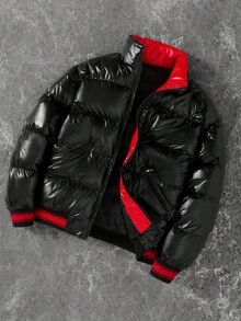 Manfinity EMRG Plus Size Men's Fashionable Versatile Stand Collar Jacket, Winter Men Puffer Jacket Puffer Jacket Black And Red Puffer Jacket Men Streetwear Jacket Men Bomber Jacket