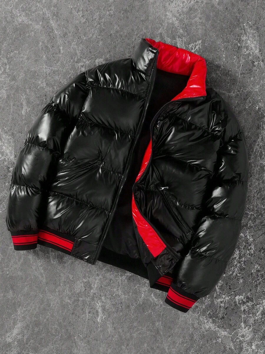 Manfinity EMRG Plus Size Men's Fashionable Versatile Stand Collar Jacket, Winter Men Puffer Jacket Puffer Jacket Black And Red Puffer Jacket Men Streetwear Jacket Men Bomber Jacket