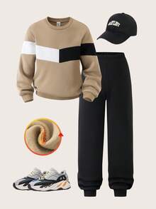 SHEIN Bộ áo hoodie vải nỉ chắp vá phong cách đại học thường ngày cho bé trai, thích hợp mặc hàng ngày, trở lại trường, khuôn viên trường, mùa thu/đông - Nhiều màu - Xem 7