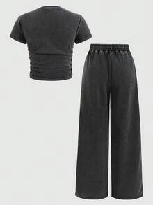 SHEIN Girlism 少女休闲配套做旧短款T恤和阔腿裤套装 - 深灰色 - 查看 9
