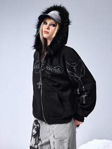 ROMWE EDITION Kpop Punk Style Oversized Blade Chain Print Zipper Sweatshirt For Women - Black - View 9