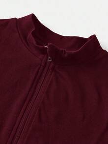 SHEIN Girlism Áo thun tay dài co giãn đơn giản, thoải mái cho bé gái tuổi teen, áo khoác tay dài cổ đứng, thiết kế cơ bản, khóa kéo phía trước, phù hợp mặc hàng ngày, phong cách thể thao - Màu Đỏ Sâu - Xem 3