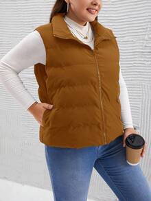 SHEIN LUNE Áo khoác vest thường ngày màu trơn có khóa kéo phía trước cỡ lớn dành cho nữ, mùa đông - Màu Khaki - Xem 3