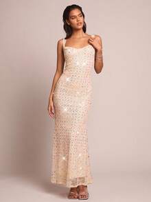 Glamine 女士时尚派对亮片美人鱼连衣裙 - 杏色 - 查看 3