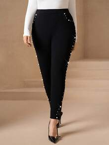 Chikora Plus Size Slant Pocket Elegant Faux Pearls Beaded Skinny Pants Office Attire For Women Work Outfits For Women Work Tops For Women Office Attire For Women Work Outfits For Women Work Tops For Women Pantalones De Mujer Pantalon Femme Calça Feminina Pantalones Mujer Pantalones De Mujer Pans De Mujer Pearl Embellished Pants - Black - View 4