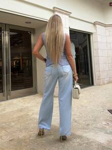 Women's Summer Casual Commuter Striped Front Button Camisole - Blue and White - View 2
