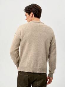 RONVEXI Men's Casual Everyday Commute Simple Solid Color Drop Shoulder Loose Knit Sweater, Autumn/Winter, Long Sleeve Top - Khaki - View 3