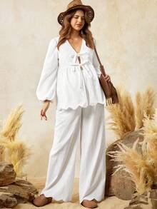 Boho Mama 波西米亚风孕妇两件套休闲纯色系带衬衫长裤套装，纯棉两件套，棉质女装，大码裤装套装，两件套女装，亚麻两件套女装 - 白色 - 查看 4