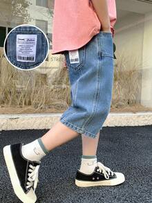 SHEIN 青少年男孩时尚休闲拼接细节设计蓝色圆锥形宽松舒适基本款日常简约牛仔短裤，适合青少年男孩服装、男孩日常穿着、青少年男孩春夏派对装、节日装和海滩装。