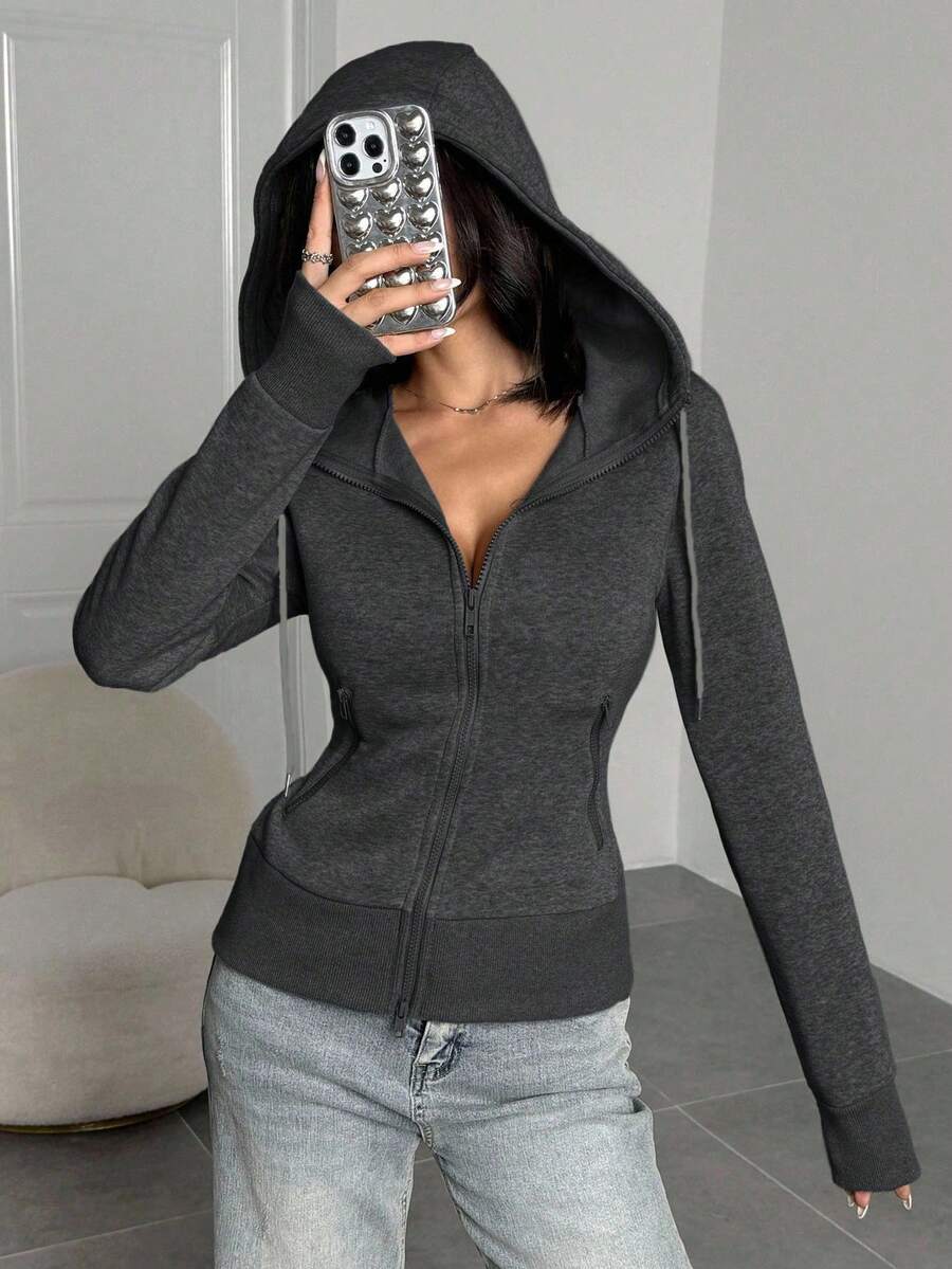 SHEIN EZwear 大码女式纯色休闲连帽拉链长袖修身卫衣,秋冬季女式连帽上衣卫衣灰色外套拉链卫衣 - 深灰色 - 查看 1