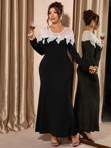 Cravure Plus Size Women's Lace Trim Off-Shoulder Bodycon Dress, Stylish, Sexy, Dignified, Elegant, Romantic - Black and White - View 5