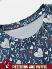 Resyla Full Print Women's Casual T-Shirt, Denim Effect Heart Design, Suitable For Christmas, Valentine's Day, Dates, New Year 2026 - Multicolor - View 3