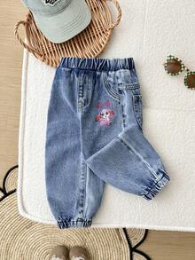 SHEIN Baby Girl Pink Cartoon Rabbit Pattern Blue Denim Loose Harem Pants,Pink And Blue,Summer,Casual,School,Fall,Winter,Fashionable Streetwear,2000s Jeans - Medium Wash - View 8