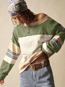 Bohemela Casual Knit Patchwork Round Neck Long Sleeve Loose Blouse For Women - Multicolor - View 2