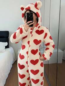 SHEIN Bộ đồ ngủ trùm đầu họa tiết trái tim jacquard trang trí tai cho nữ - Màu be - Xem 5