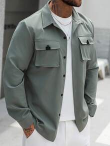 Manfinity Homme Men's Solid Color Casual Shacket, Men Sage Green Shirt, Olive Green Men Shirt, Men S Dusty Green Tops, Green Jacket For Men , Fall - Green - View 6