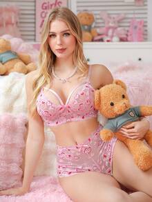 PetitDoll 2件套蕾丝边内衣套装，甜美可爱女士蕾丝文胸和内裤套装，无钢圈 - 粉色 - 查看 3