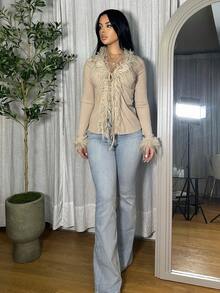 Vassilux Cardigan tricoté à col en V avec franges, kaki avec lien, top chic pour la superposition automne/hiver pour femmes - Kaki - Voir 4