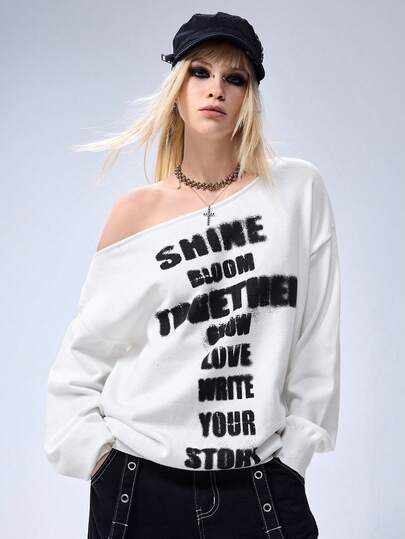 Grunge Punk Vintage English Slogan Print Asymmetric Knit Sweater