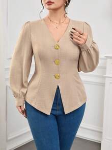 Modelyn 大码女式纹理V领玫瑰金金属装饰长袖衬衫，休闲百搭，适合日常、工作及各种场合。 - 卡其色 - 查看 6