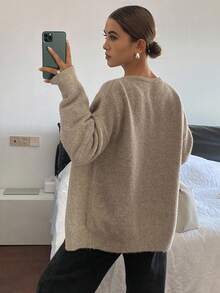 Livesso 女士宽松商务休闲纯色简约针织开衫，秋冬 - 卡其色 - 查看 4