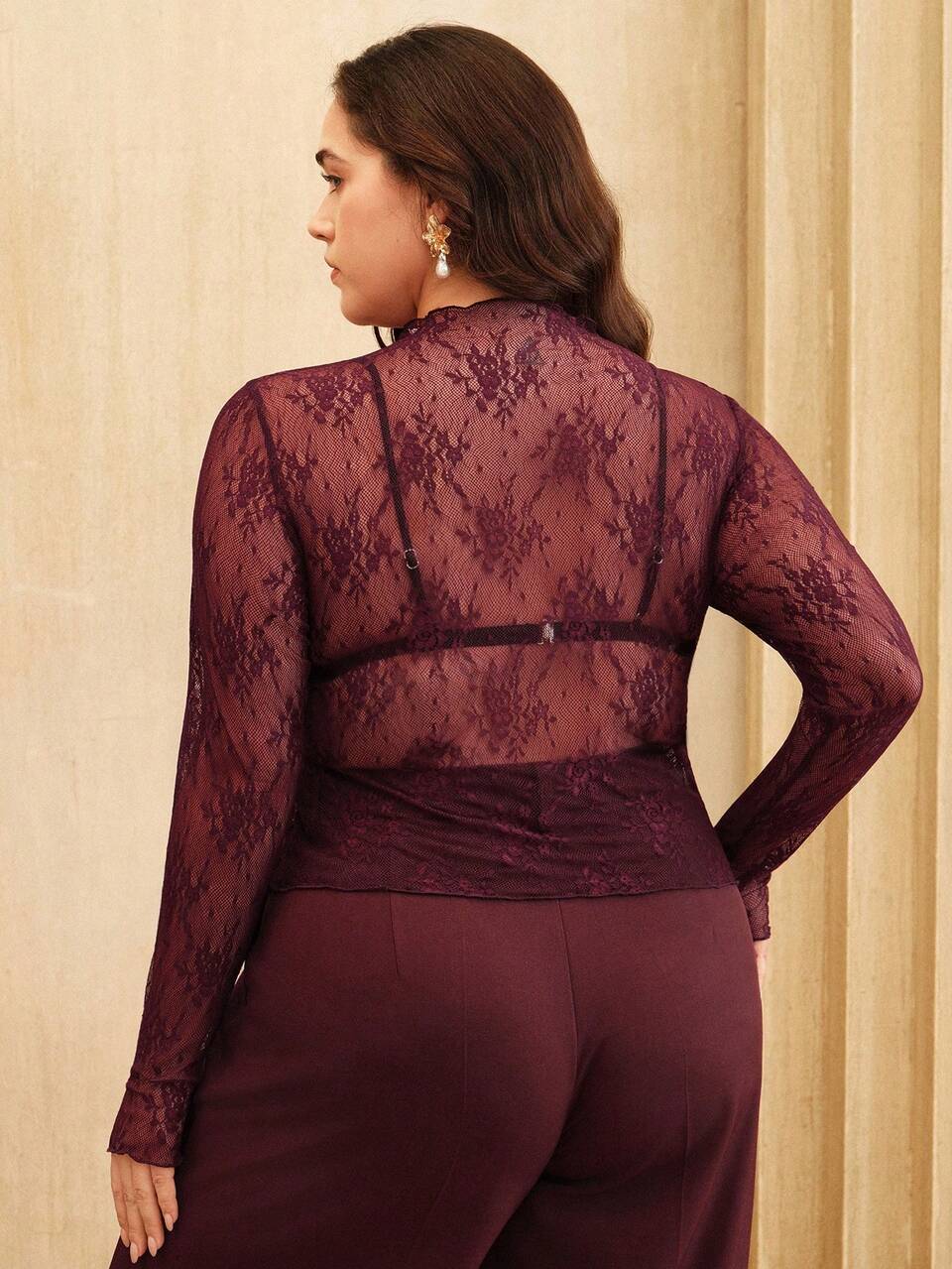 Anewsta Plus Size Women Slim Fit Sexy Sheer Lace Long Sleeve Top Fall