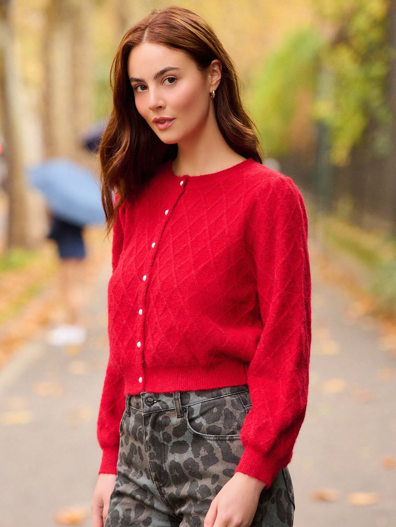 Damski jednokolorowy kardigan z okrągłym dekoltem i długim rękawem, swobodny, dzianinowy, jesień/zima