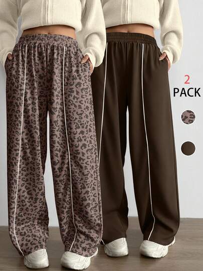 Aidyla 2 pièces Ensemble de pantalons de survêtement décontractés à imprimé léopard en blocs de couleurs contrastées
