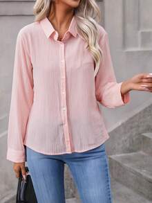 KKMALLEE Camisa de botones de frente sólido, Blusas de manga larga - Rosa - Ver 3