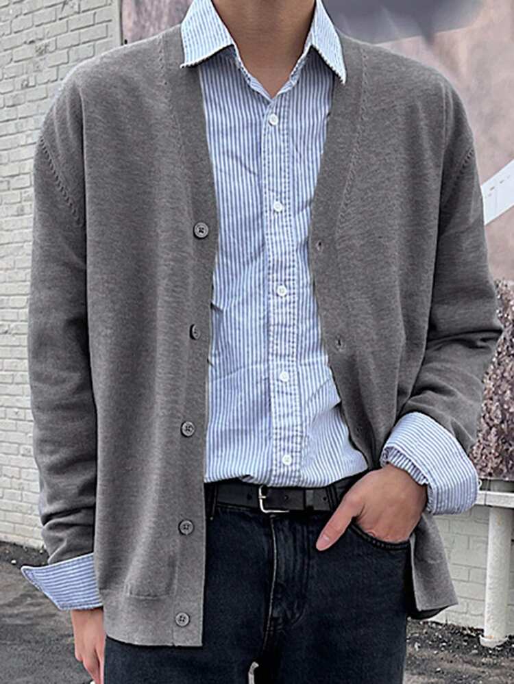 Men's Grey Casual Single-Breasted Knitted Cardigan, Autumn/Winter