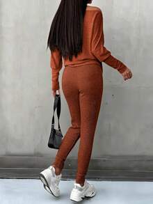 SHEIN LUNE Women's Solid Color Batwing Sleeve Top And Pants Casual 2 Pieces Set - Burnt Orange - View 2
