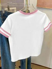 Resyla Camiseta holgada de mujer con estampado de corazón, contraste de color y cuello redondo - Multicolor - Ver 2