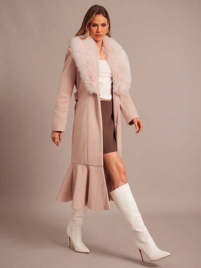 Enchnt Fall/Winter Romantic Women's Elegant Pink Fashionable & Elegant Loose Long Sleeves Woolen Coat, Suitable For Commuting, Autumn/Winter, Chic&Elegant For Date&Daily Commuting&Office&Going Out,Autumn Coat For Women,Fall Clothes For Women,Autumn Outfits For Women