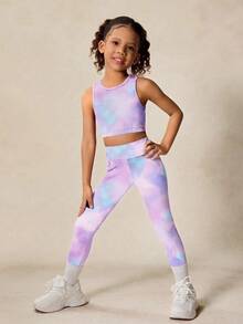 SHEIN 2 件套女童扎染印花吊带背心和紧身裤瑜伽服套装，返校季 - 彩色 - 查看 4