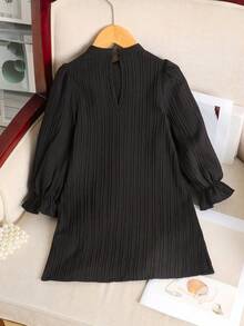 SHEIN 年轻女孩宽松休闲系带珍珠装饰黑色中长连衣裙 - 黑色 - 查看 4