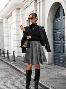 SHEIN LUNE 女士格子厚面料收腰A字迷你裙，休闲波西米亚风，适合独立日、万圣节、感恩节、圣诞节、狂欢节、街头风、秋冬季穿着。 - 藍色 - 查看 4