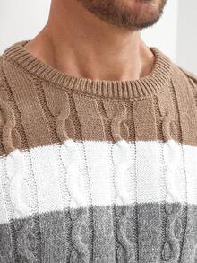 Manfinity Homme Men's Color Blocking Cable Knitted Sweater , Crew Neck Long Sleeve Knit Block Light Grey Going Out Business Casual Husband, Men's Jumper, Grey Sweater, Cable Knit Sweater, Color Block Sweater - Multicolor - View 2