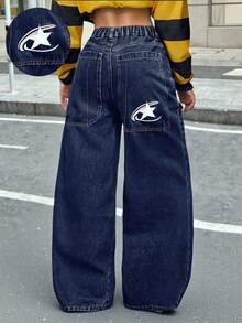 SHEIN Quần jean xanh navy dáng rộng Y2K thêu hình ngôi sao cho bé gái tuổi teen, Thu, Đông, Kỳ nghỉ thường ngày và thời trang, Trang phục đường phố, Phong cách thập niên 2000, Quần ống loe cho bé gái, Giáng sinh cho bé gái - Rửa tối - Xem 4