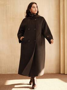 Anewsta Plus Size Women's High-End Elegant Stand Collar Loose Mid-Length Dark Overcoat, Suitable For Fall, Winter, Spring, New Year, Party, Wedding, Elegant, Chic, Stylish, Casual, Work, Going Out, Formal, Christmas - Coffee Brown - View 4