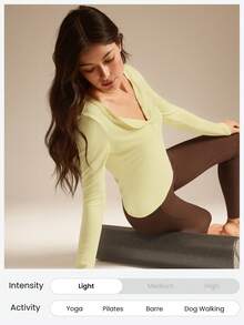 GLOWMODE Modal Ribbed Cozy Confidence Soft Stretchy Breathable Distressed Curved Neckline Buttons Hip Length Long Sleeve Top  Daily Casual Wear Spring Summer - Yellow - View 6