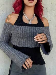 Bearsaez Camiseta 2 en 1 con dobladillo asimétrico, cintura con cordón y mangas acampanadas - Gris Oscuro - Ver 5