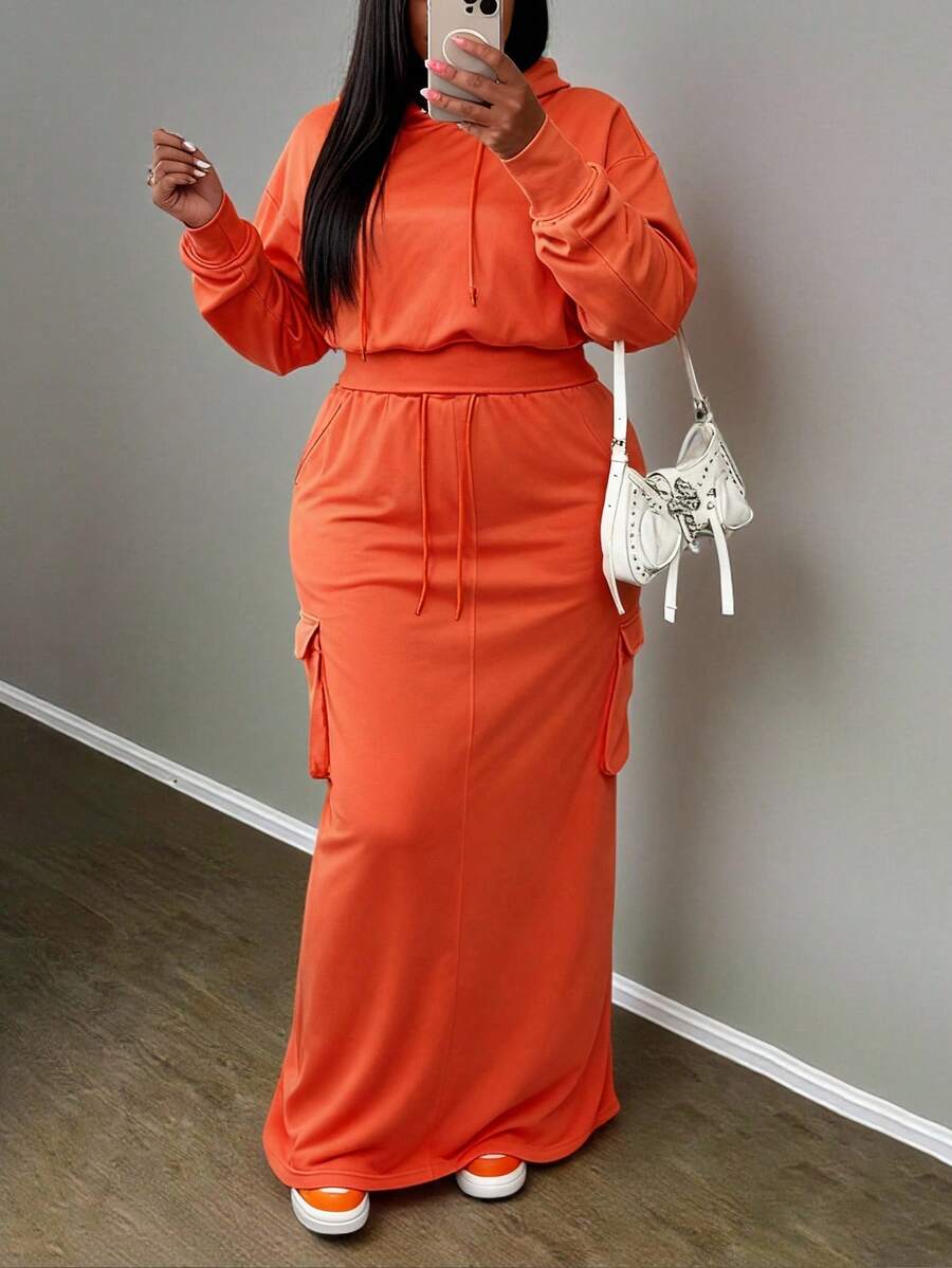 Slaydiva 秋冬新款音乐节、复活节、生日派对、日常休闲、度假、邮轮旅行、海滩、日光浴，时尚橙色长袖连帽衫和工装口袋裙加大码两件套 - 橘色 - 查看 1