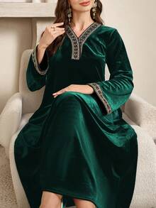 Al Najma Elegant Loose Long Sleeve Dress With Luxurious Ribbon Trim On V-Neck, Velvet Fabric In Olive Green - Dark Green - View 7